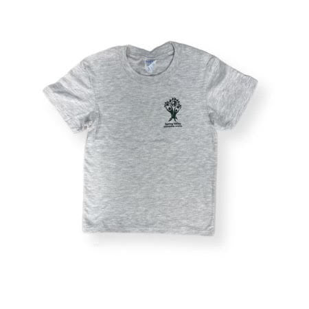 FINAL SALE YOUTH-XS (5/6) Spring Valley Montessori School P.E. Shirt w/School Logo. Ash Grey