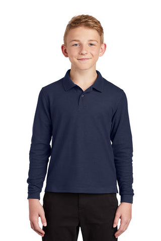 St. Matthew (OR) Long Sleeve Pique Knit Polo Shirt w/School Logo. Navy (K-8TH).
