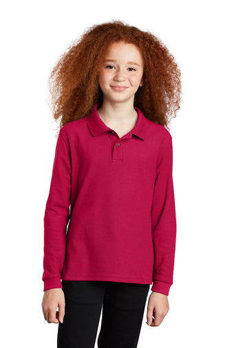 St. Matthews (MT) Long Sleeve Pique Knit Polo Shirt w/School Logo. Red. (K-8TH)