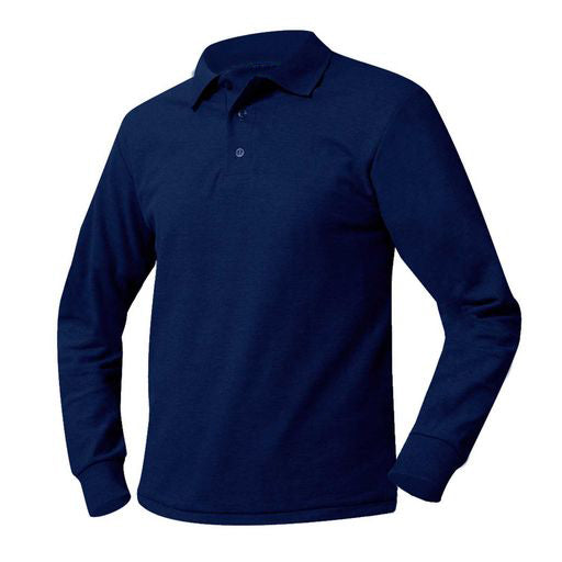 St. Matthews(MT) Long Sleeve Pique Knit Polo Shirt w/School Logo. Navy (K-8TH).