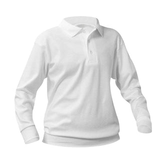 Little Academy Long Sleeve Pique Knit Polo Shirt w/School Logo. White. ALL GRADES.